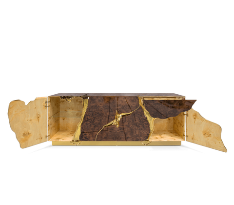 Black Gold Sideboard Cabinet with Sculptural Cracked Design
