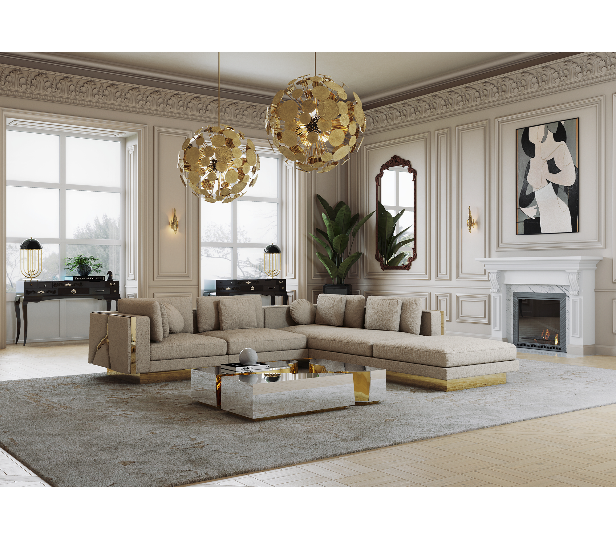 Brass Stone Gold Sculptural Form Sofa