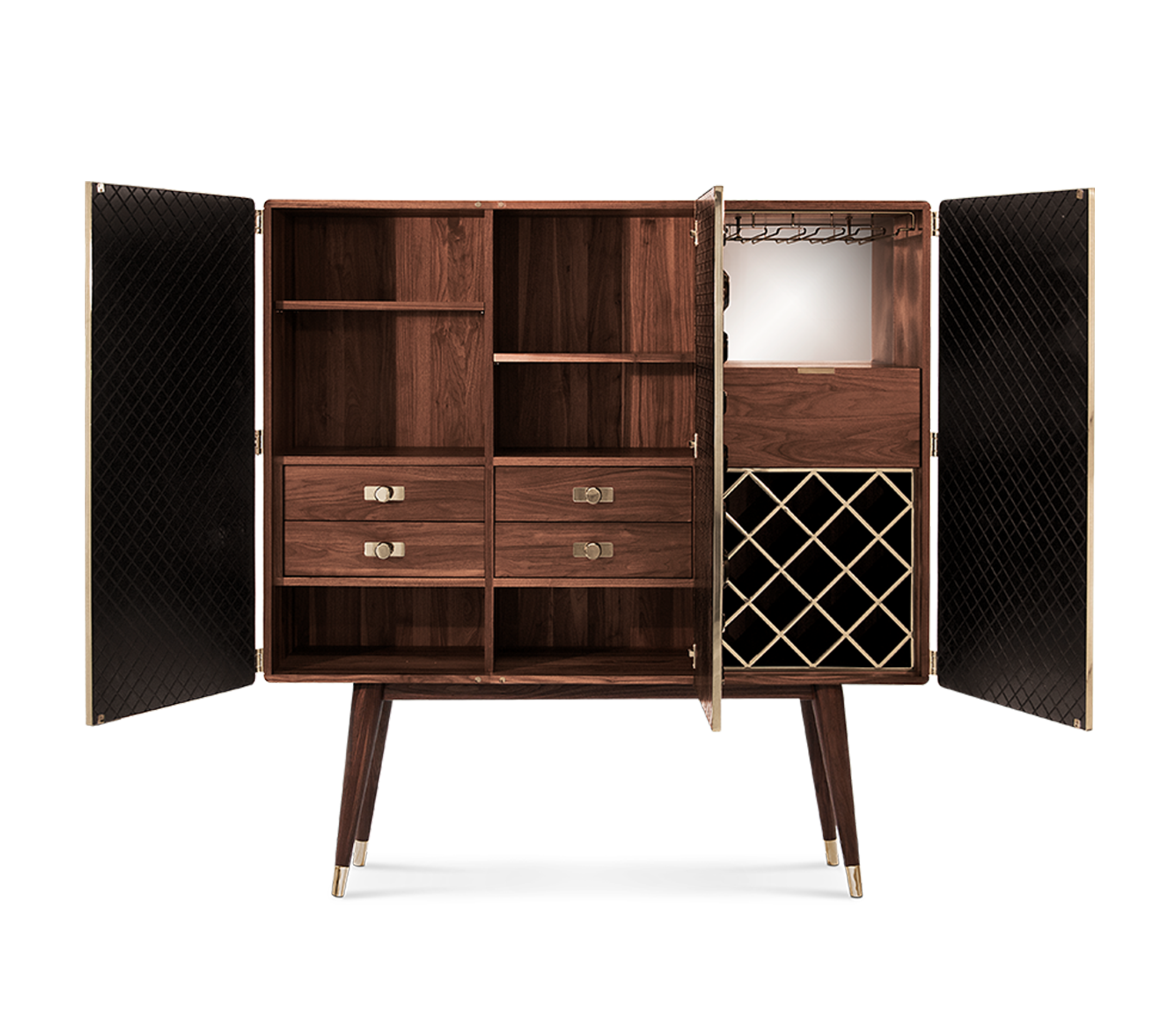 Walnut Bar Cabinet with Brass Accents and Hidden Storage