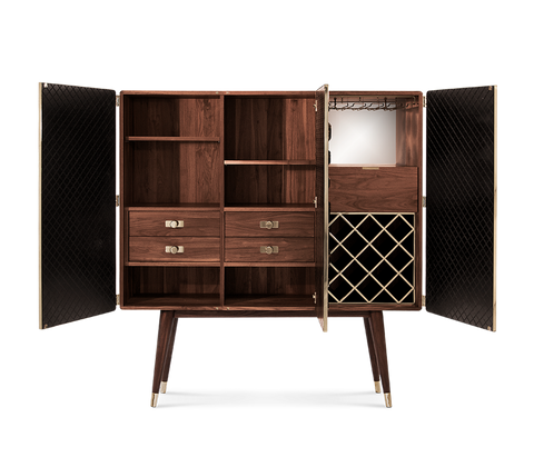 Walnut Bar Cabinet with Brass Accents and Hidden Storage
