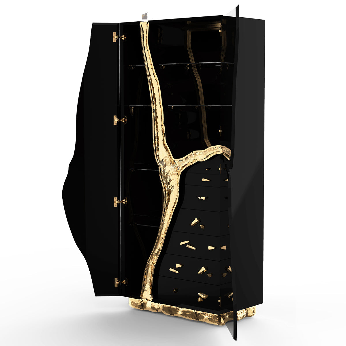 Walnut Brass Hidden Storage Display Cabinet Brass Accents