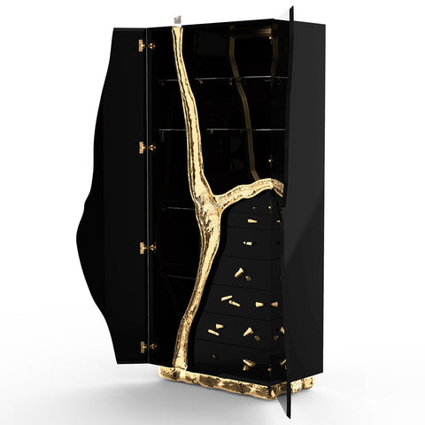 Walnut Brass Hidden Storage Display Cabinet Brass Accents