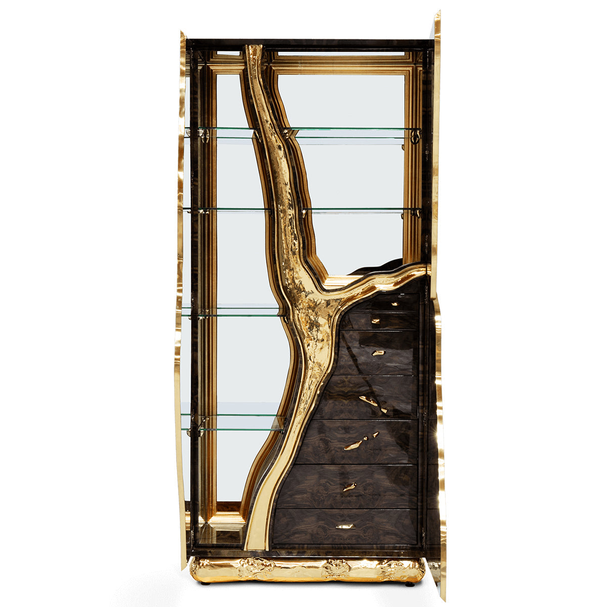 Walnut Brass Hidden Storage Display Cabinet Brass Accents