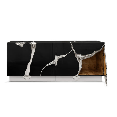 Black Gold Sideboard Cabinet with Sculptural Cracked Design