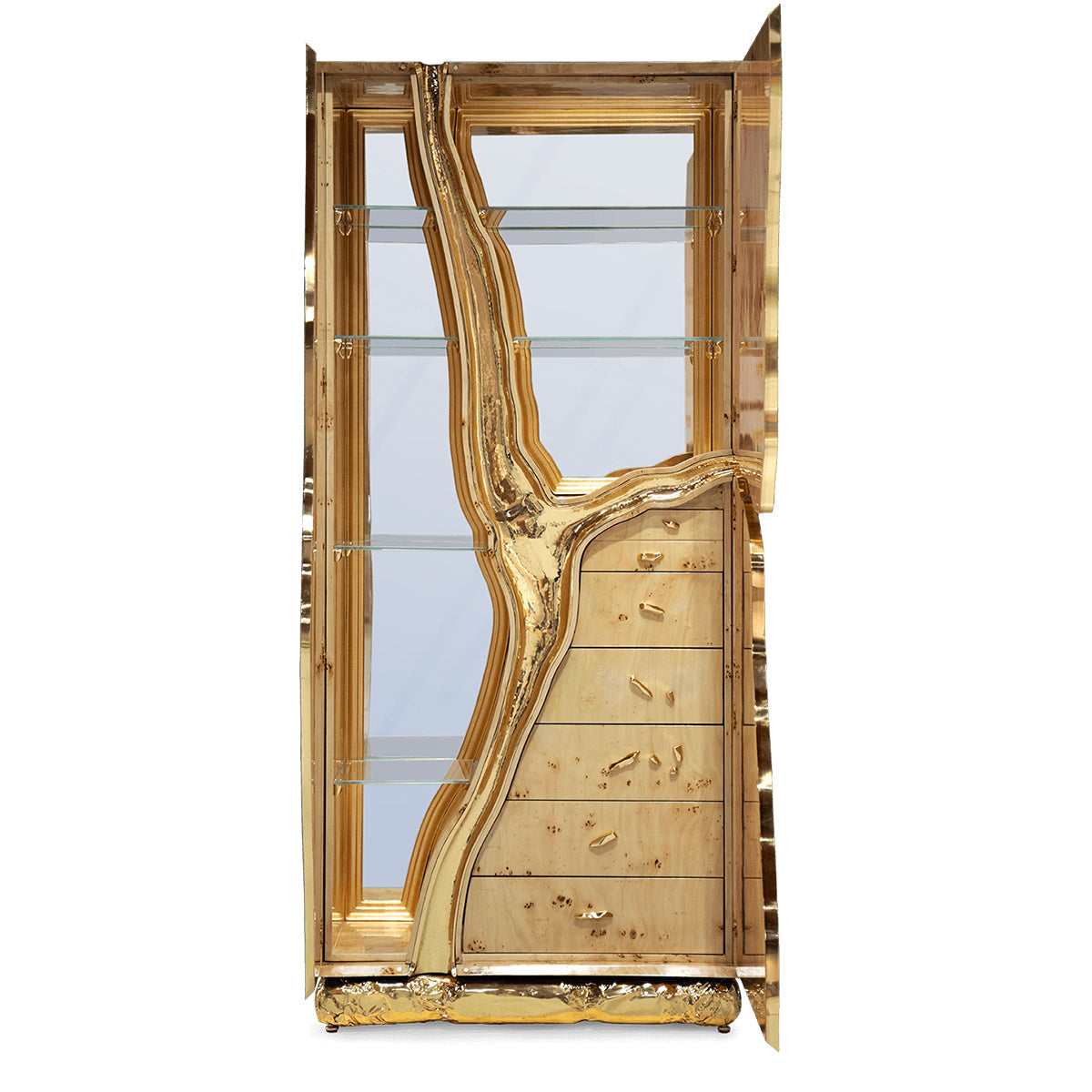 Walnut Brass Hidden Storage Display Cabinet Brass Accents