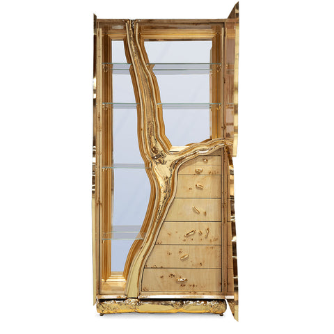 Walnut Brass Hidden Storage Display Cabinet Brass Accents