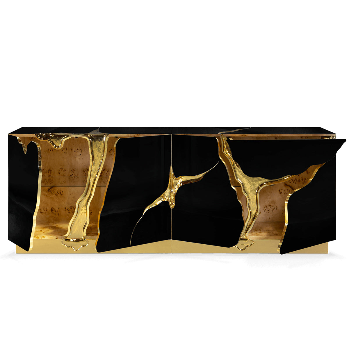 Black Gold Sideboard Cabinet with Sculptural Cracked Design