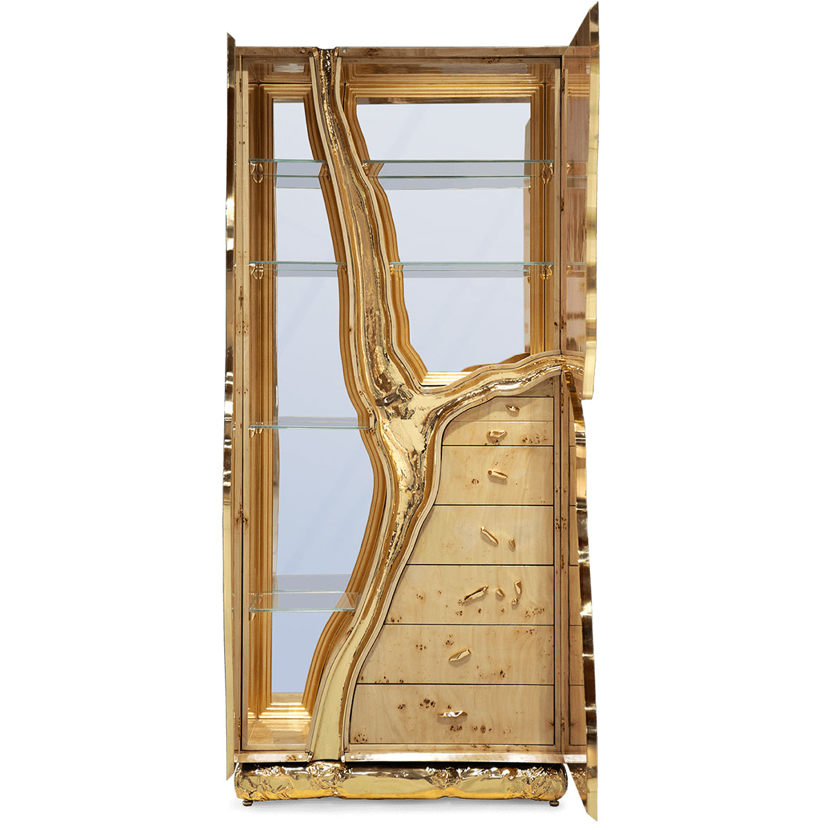 Walnut Brass Hidden Storage Display Cabinet Brass Accents