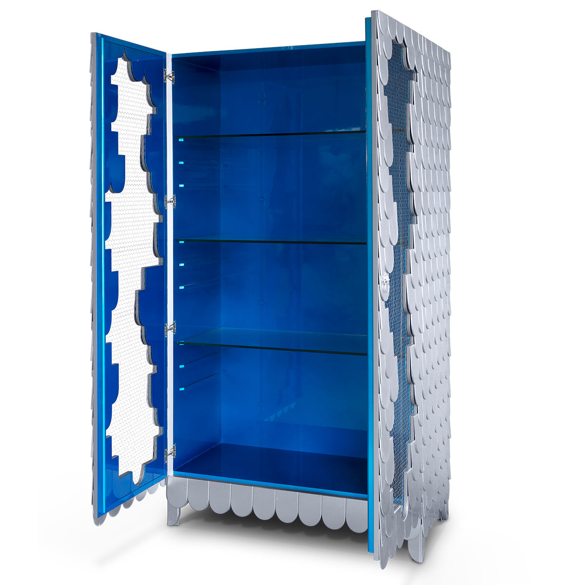 Glass Wood Blue Sculptural Form Display Cabinet
