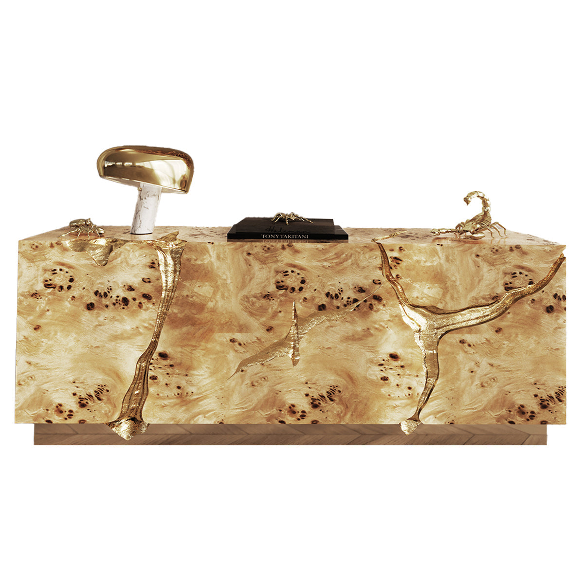 Black Gold Sideboard Cabinet with Sculptural Cracked Design