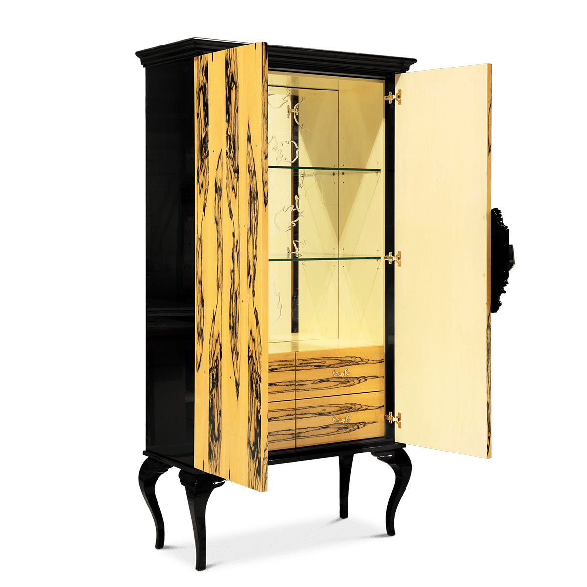 Sculptural Display Cabinet with Glass Shelves and Storage