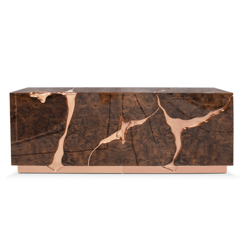 Black Gold Sideboard Cabinet with Sculptural Cracked Design