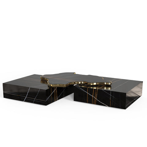 Luxury Sculptural Coffee Table Black & White High-Gloss Marble Finish