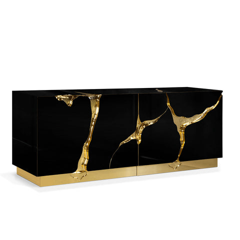 Black Gold Sideboard Cabinet with Sculptural Cracked Design