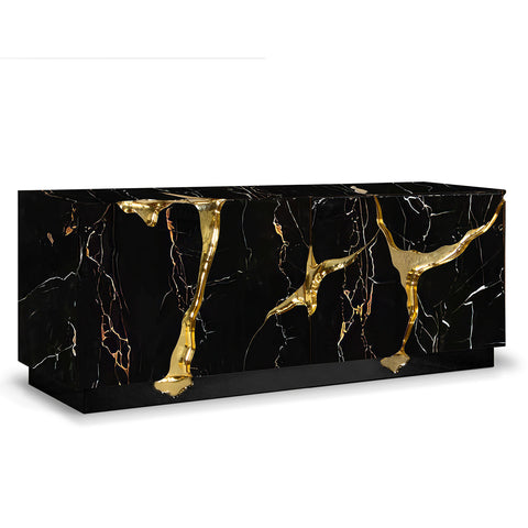 Black Gold Sideboard Cabinet with Sculptural Cracked Design