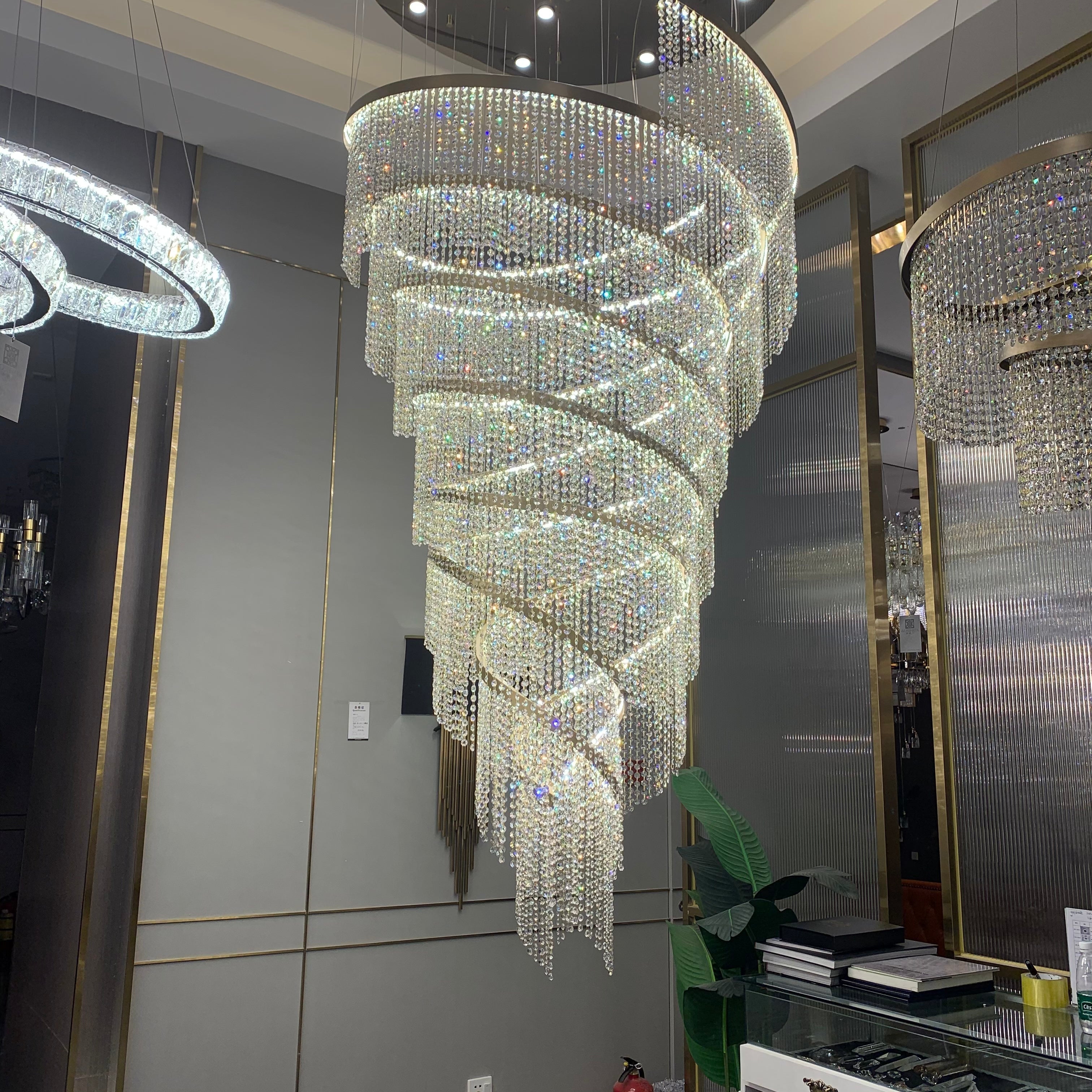 Chrome Stainless Steel Crystal Chandelier Large High Ceiling Light Fixture For Staircase Entrance