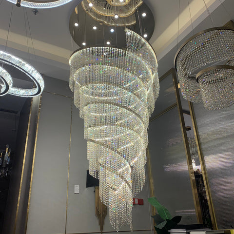 Chrome Stainless Steel Crystal Chandelier Large High Ceiling Light Fixture For Staircase Entrance