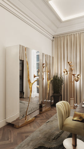 Walnut Brass Hidden Storage Display Cabinet Brass Accents