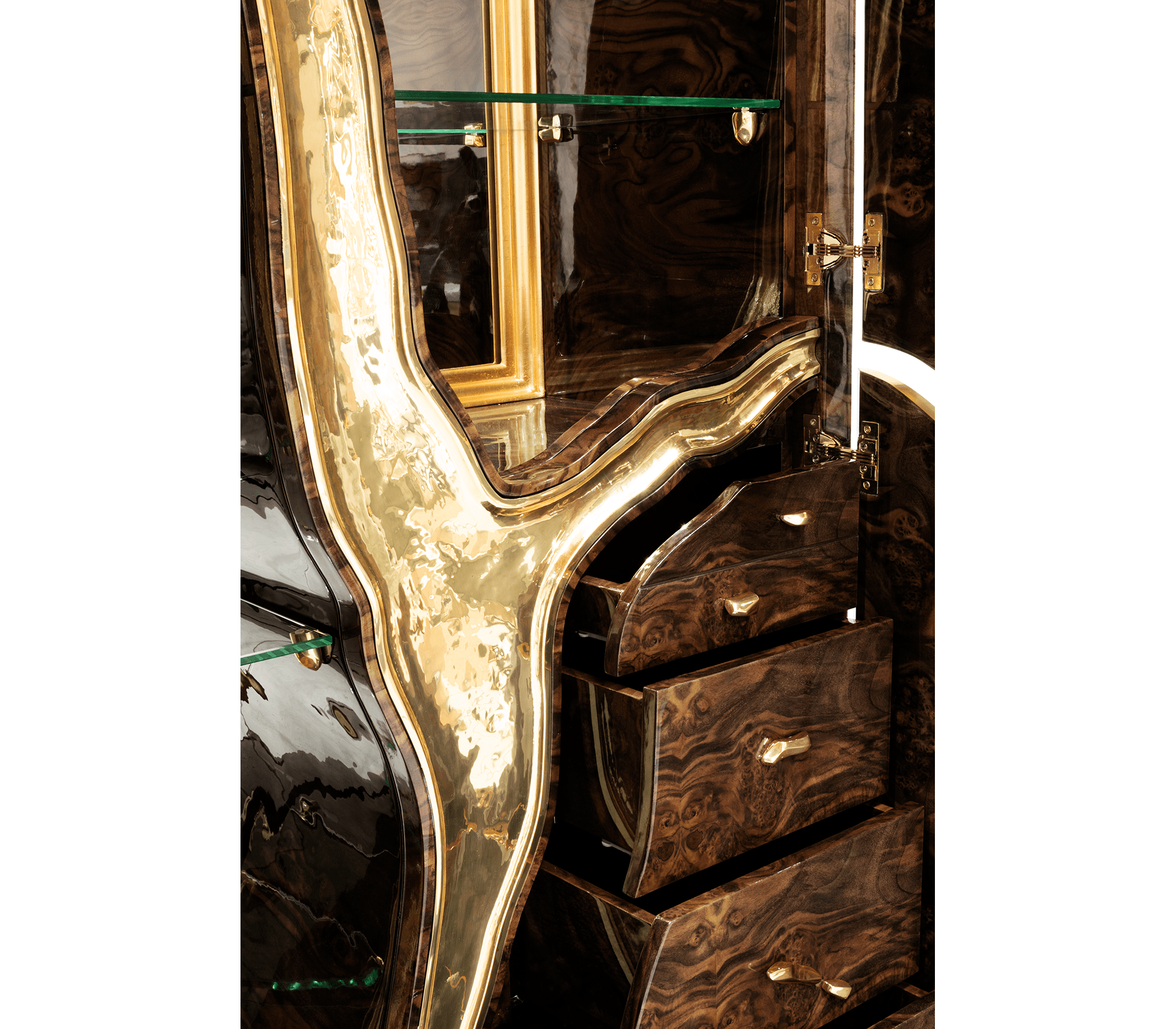 Walnut Brass Hidden Storage Display Cabinet Brass Accents