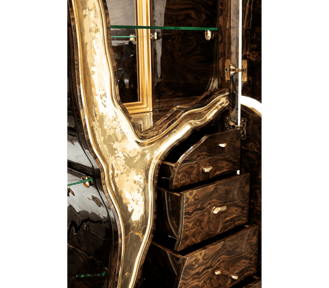 Walnut Brass Hidden Storage Display Cabinet Brass Accents