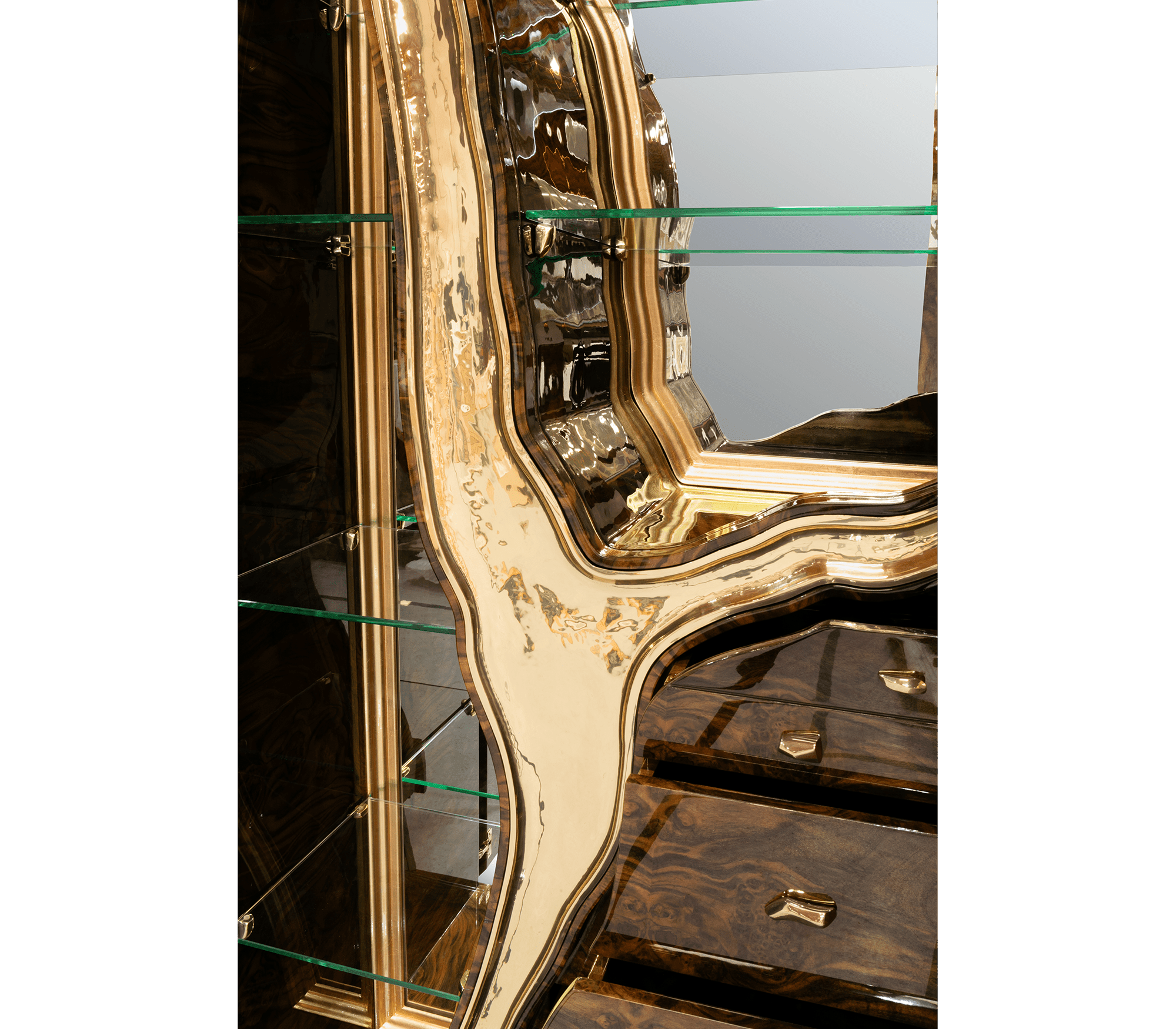 Walnut Brass Hidden Storage Display Cabinet Brass Accents