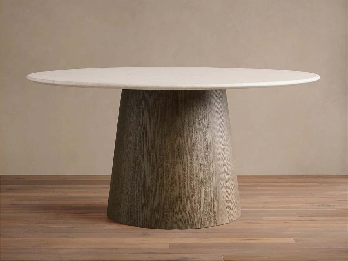Saint Germain Round Dining Table with Carrara Marble Top Wood Toulouse Base
