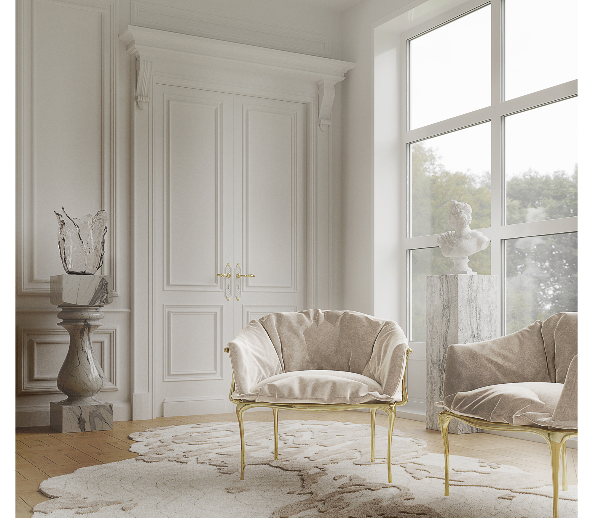 Brass Fabric Gold Sculptural Form Armchair