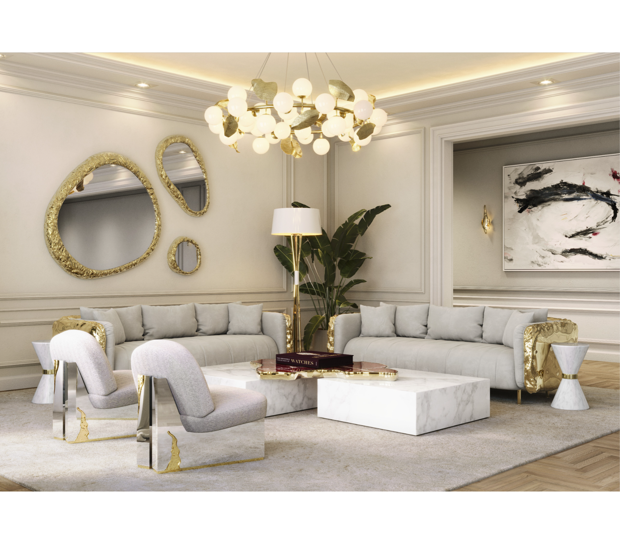 Luxury Sculptural Coffee Table Black & White High-Gloss Marble Finish