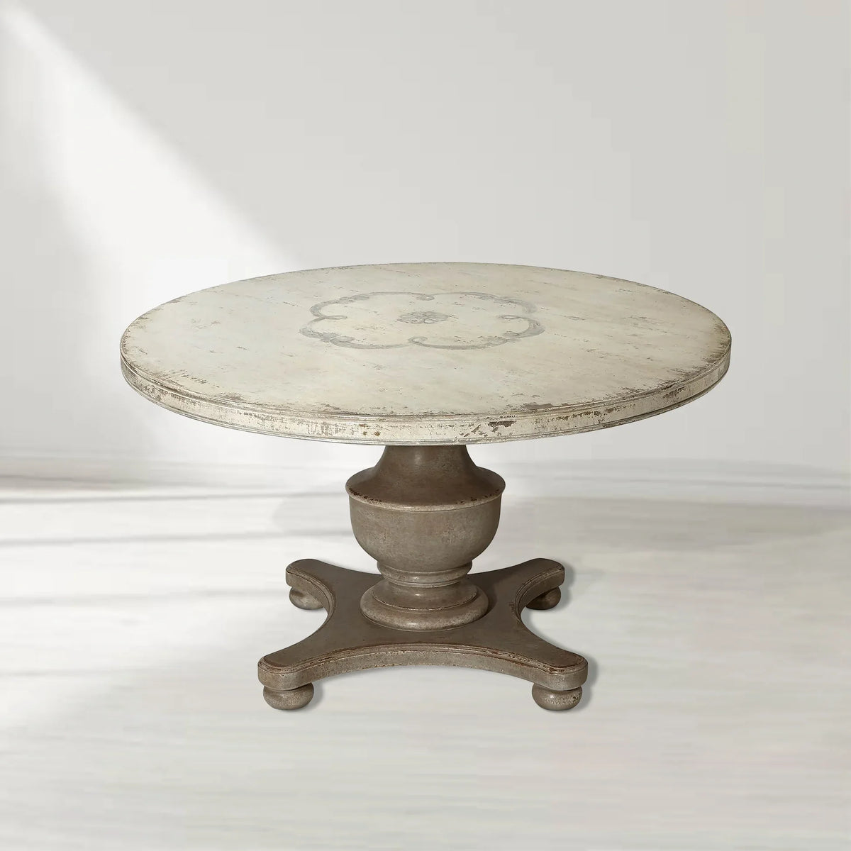 Biancca Round Wood Dining Table with Center Scroll BellArte Base
