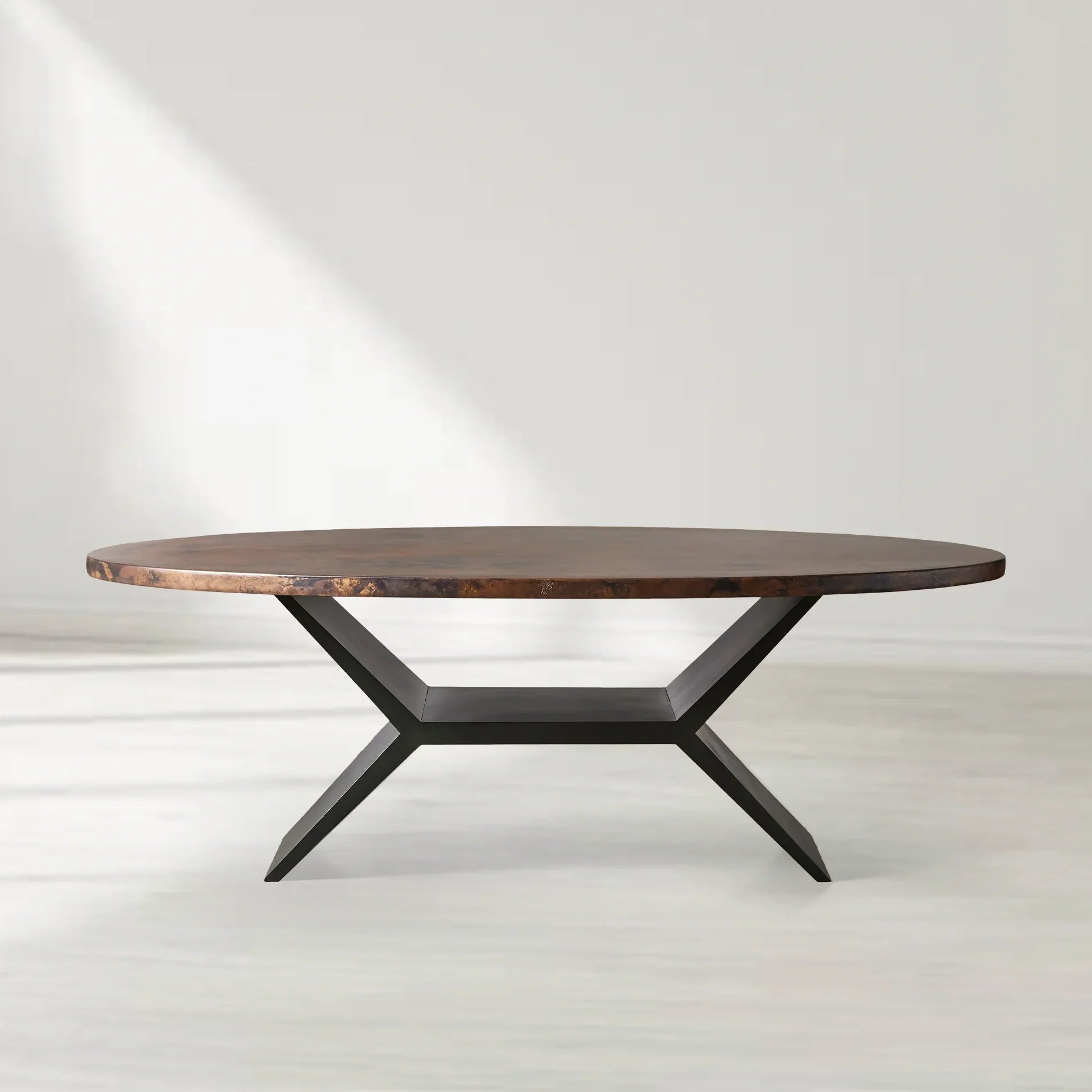 Recycled Metal Oval Dining Table with Sculpted Vertex Iron Base