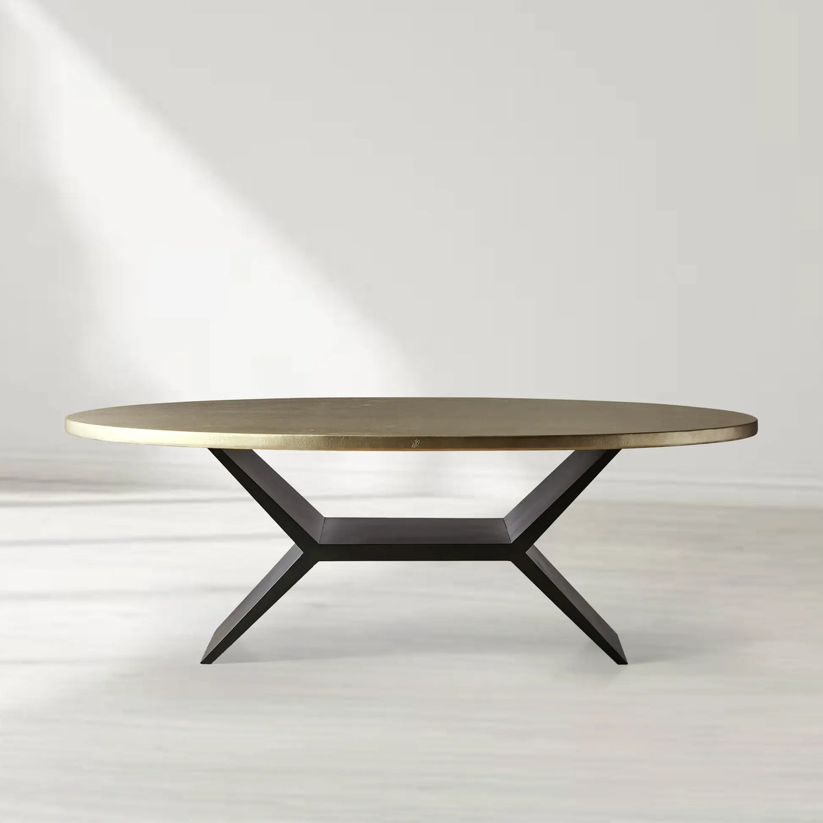 Recycled Metal Oval Dining Table with Sculpted Vertex Iron Base