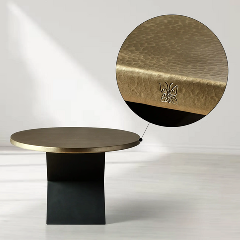 Recycled Metal Oval Dining Table with Sculpted Vertex Iron Base