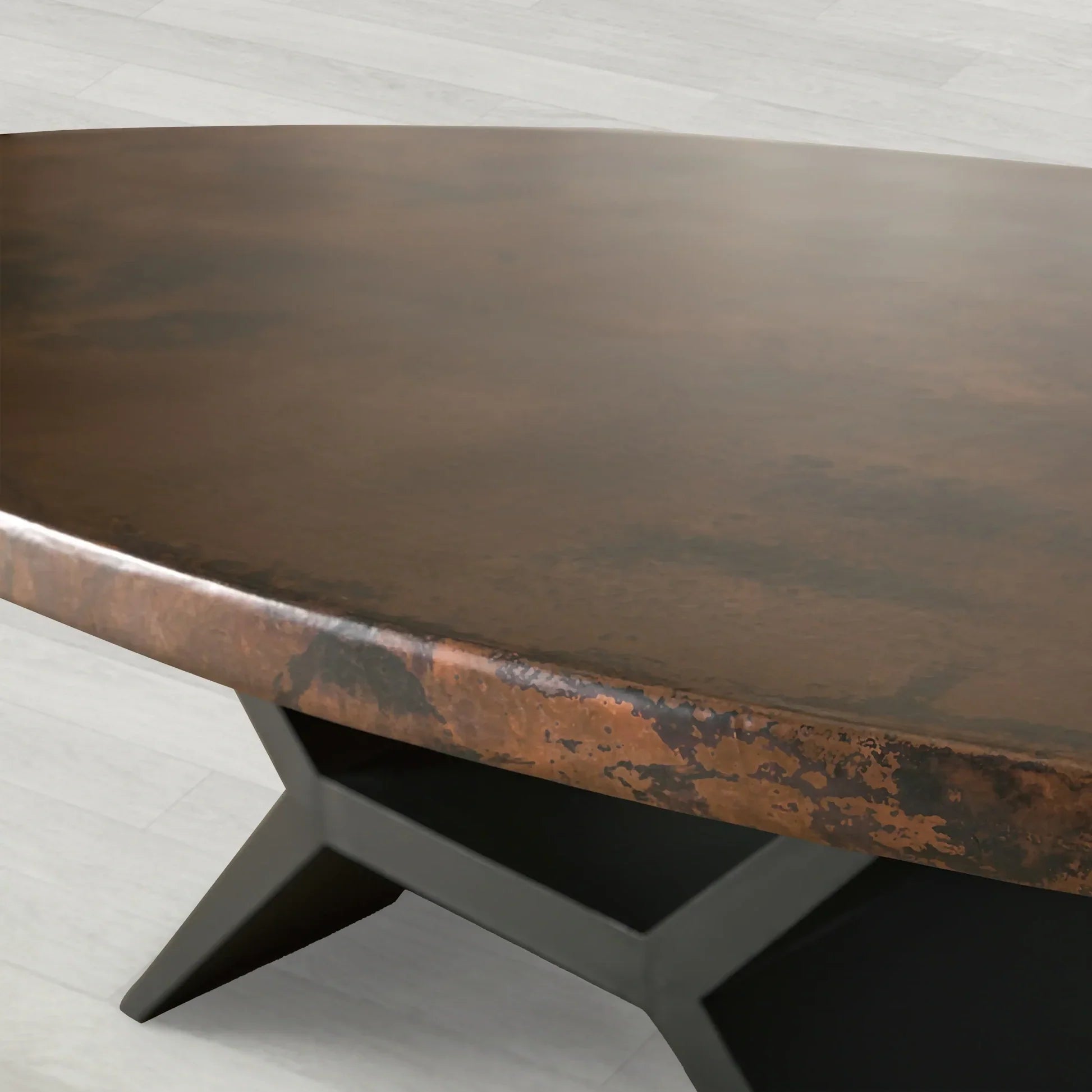 Recycled Metal Oval Dining Table with Sculpted Vertex Iron Base