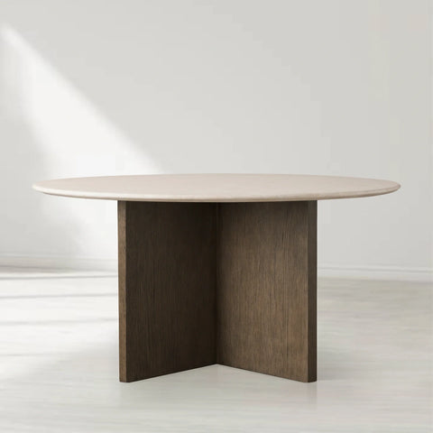 Saint Germain Round Stone Top Dining Table with Clement Wood Base