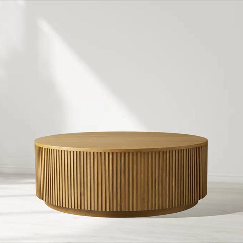 Finnley Round Wood Coffee Table Modern Sofa Center Tea Table with Reeded Detailing