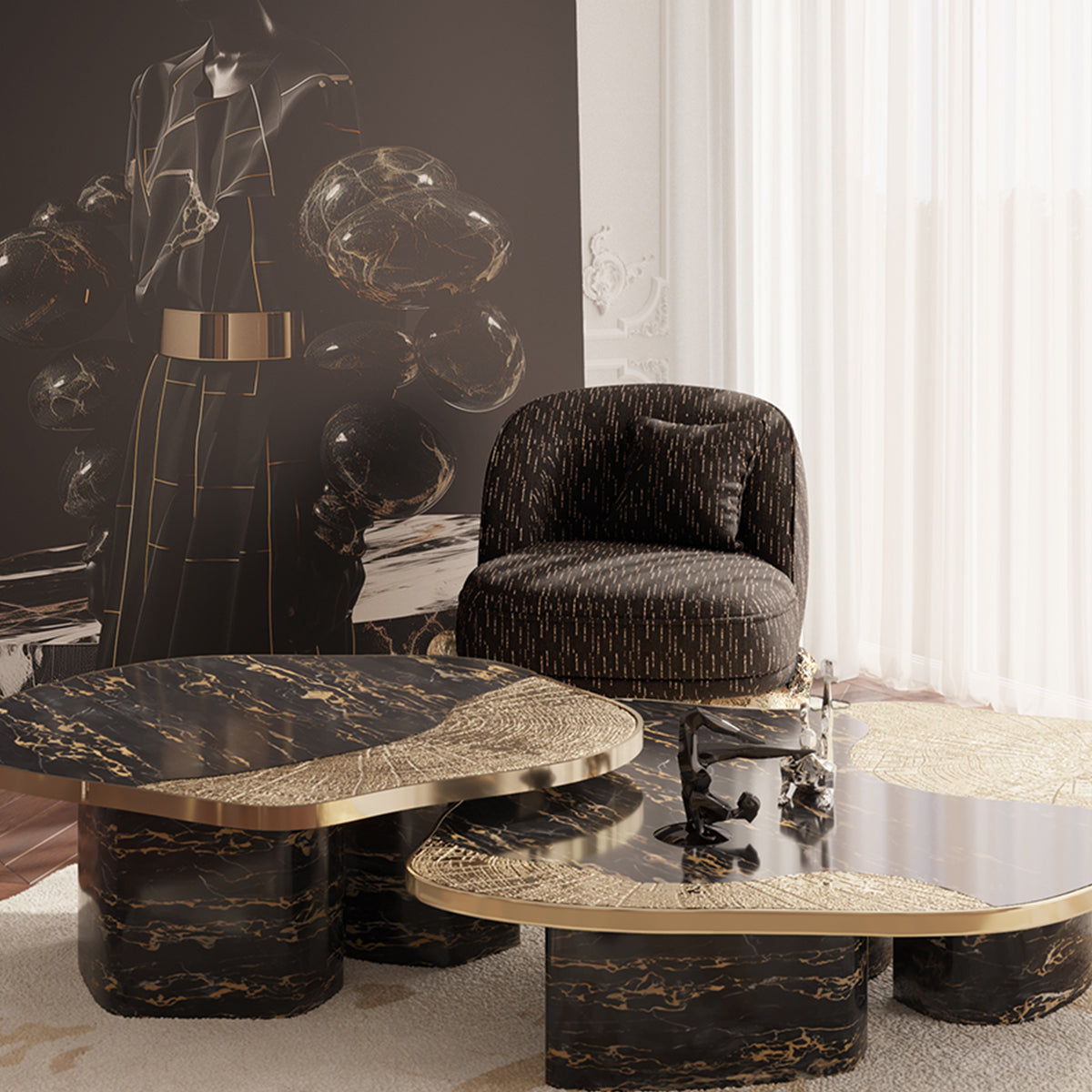 Brass Wood Sculptural Form Sideboard Living Room