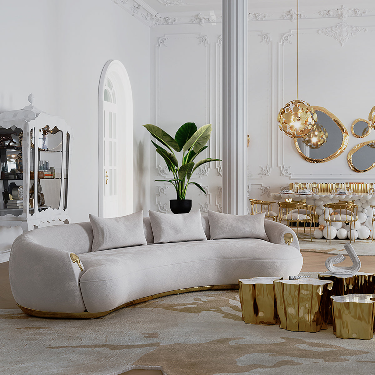 Brass Wood Sculptural Form Sofa Living Room