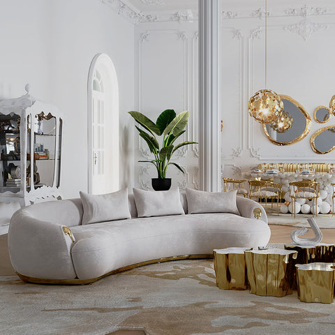 Brass Wood Sculptural Form Sofa Living Room