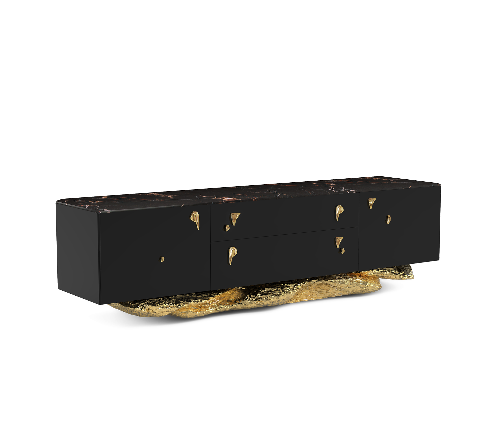 Black Gold Media Console with Marble Top and Hidden Storage