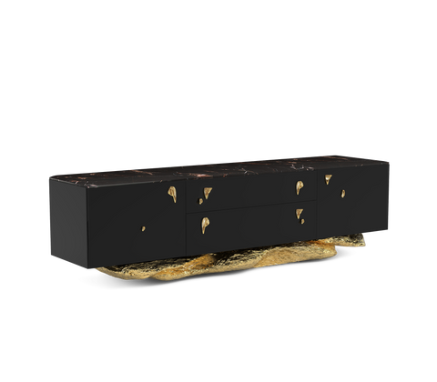 Black Gold Media Console with Marble Top and Hidden Storage