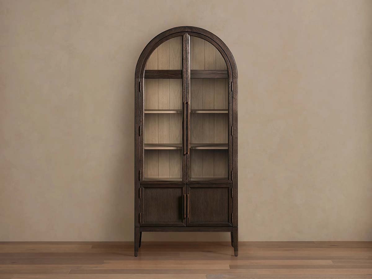 Hattie Glass Tall Display Cabinet with Oak Wood Living Room Storage Cabinet