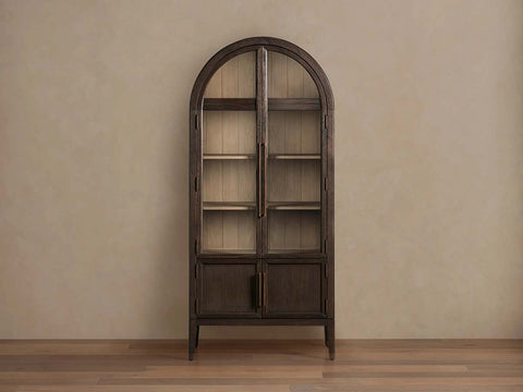 Hattie Glass Tall Display Cabinet Oak Wood Living Room Storage Cabinet