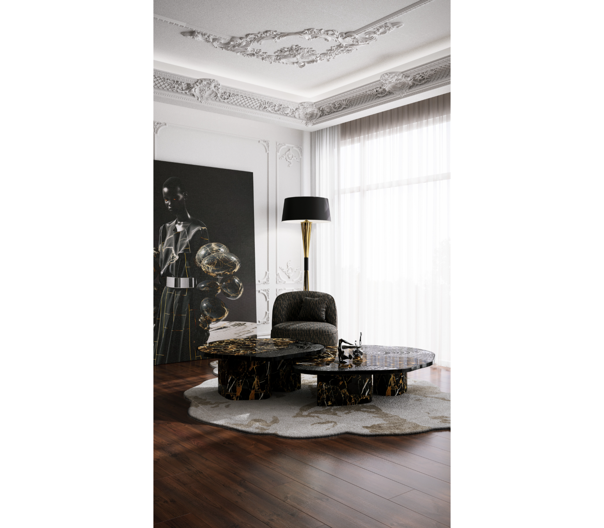 Stone Marble Black Sculptural Form Coffee Table