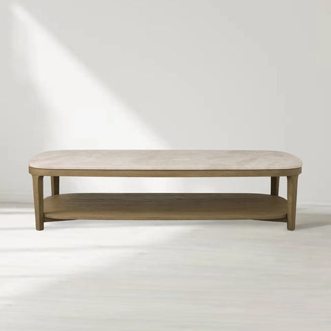 Danny Marble Top Coffee Table Oak Wood Cocktail Table Living Room Rectangle Center Tea Table