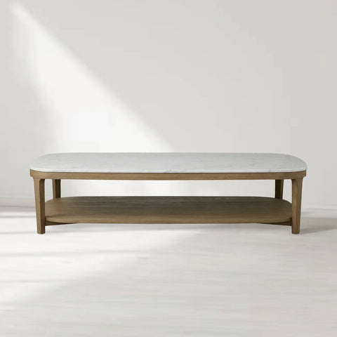 Danny Marble Top Coffee Table Oak Wood Cocktail Table Living Room Rectangle Center Tea Table