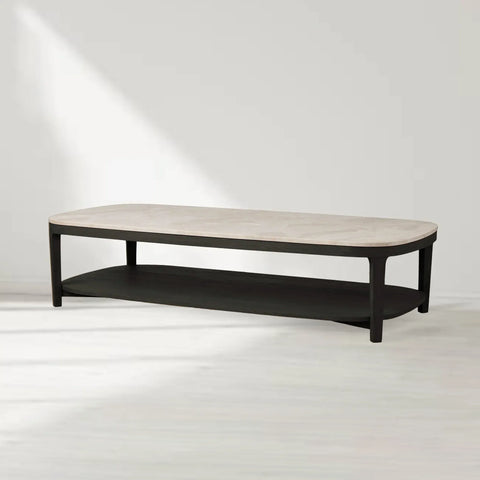 Danny Marble Top Coffee Table Oak Wood Cocktail Table Living Room Rectangle Center Tea Table
