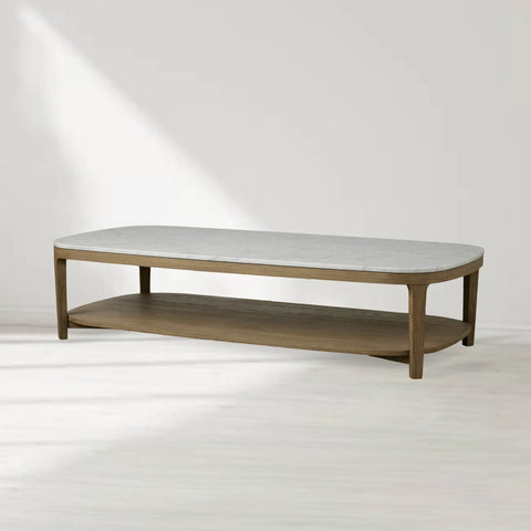 Danny Marble Top Coffee Table Oak Wood Cocktail Table Living Room Rectangle Center Tea Table