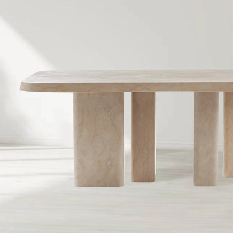 Cruz Outdoor Marble Dining Table with Sculptural Cylindrical Base