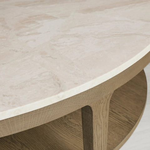 Danny Round Marble Top Coffee Table Oak Wood Base Cocktail Table Living Room Center Tea Table