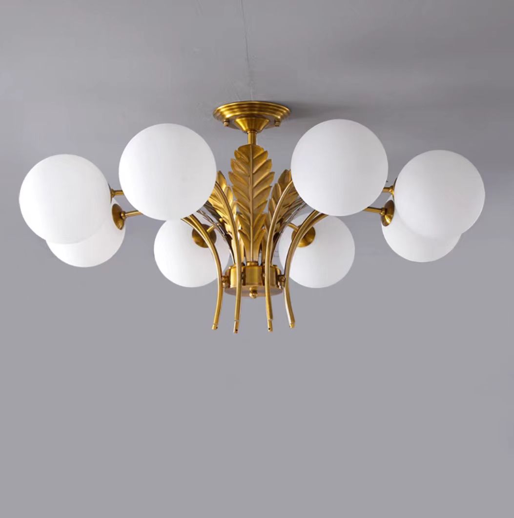 Modern Sputnik White Glass Sphere Golden Feather Chandelier for Living Room/Bedroom/Entryance